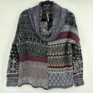 Free People Sweater Womens Small Multicolor Cowl Neck Patchwork Mixed Knit‎ Boho